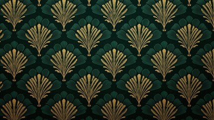 Symmetrical art deco fan motif in gold on dark green seamless repeat pattern, ideal for elegant wallpaper or textile design, evoking vintage glamour and luxury.