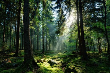 Obraz premium Sunlight Streaming Through Dense Forest Canopy Creating A Serene Atmospheric Scene