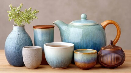 Artistic Collection of Rustic Ceramic Teapots and Cups With Greenery Displayed on Wooden Surface in Studio Lighting