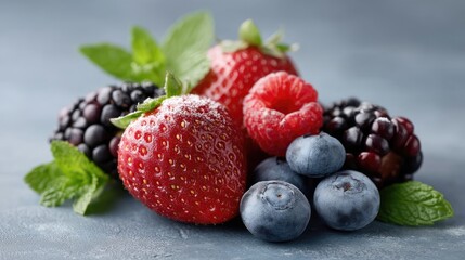 Assorted Fresh Berries Strawberry Raspberry Blackberry Blueberry Mint Leaves Sprinkled With Powdered Sugar On Dark Wooden Surface Studio Shot With Soft Lighting