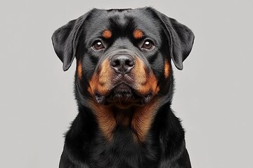 Fototapeta premium Charming Rottweiler Portrait with Affectionate Expression Against a Soft Gray Background in Close Up