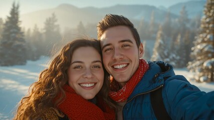 Holding smartphone, smiling couple leaning in snowy pine forest at sunrise, capturing selfie - Powered by Adobe