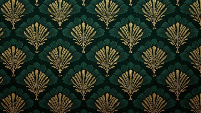 Symmetrical art deco fan motif in gold on dark green seamless repeat pattern, ideal for elegant wallpaper or textile design, evoking vintage glamour and luxury.