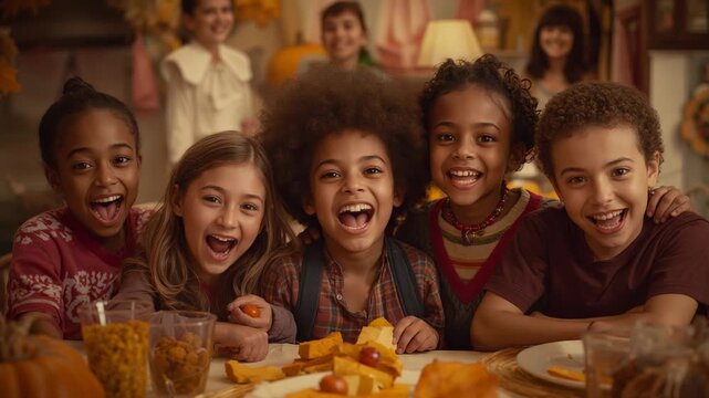 Children in sweaters leaning forward picking orange candies off table at home after cue, pumpkins