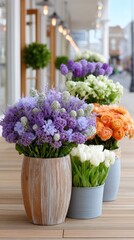 Assortment Of Colorful Flower Bouquets In Vases Arranged On Wooden Deck Outside Shop With Natural Lighting
