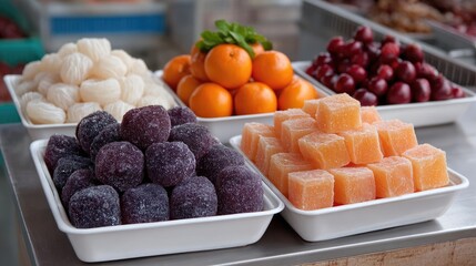 Assortment of Colorful Candied Fruits and Fresh Citrus at an Outdoor Market Stall