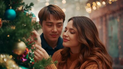Entering man and woman decorating Christmas tree in living room, with turquoise and gold baubles - Powered by Adobe