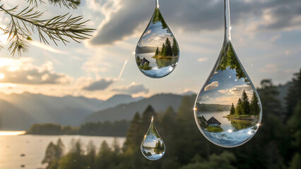 Water drops with reflection of mountains and forest in them. Lake Bled, Slovenia