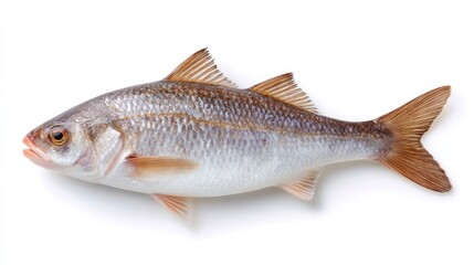 A Raw Croaker Fish Isolated on a White Background Showing its Silver Scales and Detailed Fins Ready for Culinary Preparation