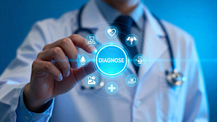Doctor interacting with digital diagnostic interface featuring medical icons and a central 'Diagnose' button