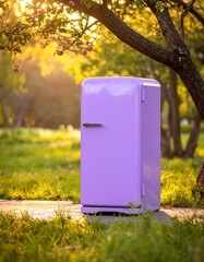 Lavender retro fridge stands in sunlit green park with a tree