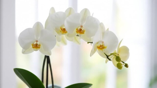 Delicate white orchids by a window
