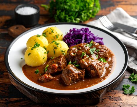 Hearty stew served with dumplings and red cabbage on a plate