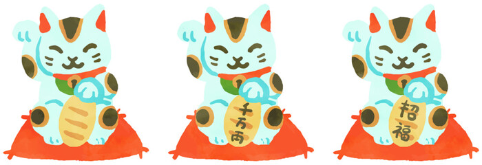 招き猫の水彩風手描きイラストセット