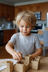 Caucasian young boy building cardboard castle in kitchen