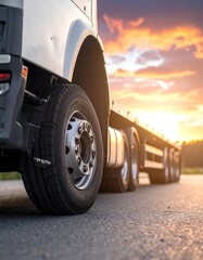 Heavy-duty truck traversing asphalt at dusk, golden sky backdrop