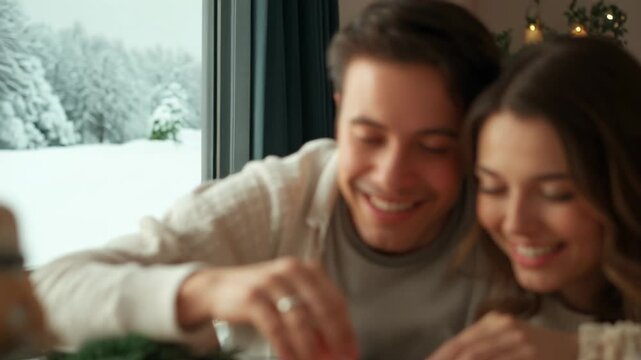 Camera panning couple sprinkling sprinkles on cookies at cozy home, revealing snowy forest outside