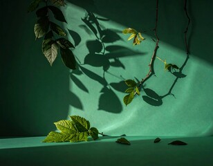 Leaves and shadows dance on a green backdrop, creating a striking visual