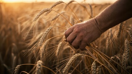 Farmers hand touching ripe wheat ears at sunset