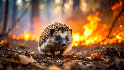 Hedgehog in forest with flames in the background, focused and alert