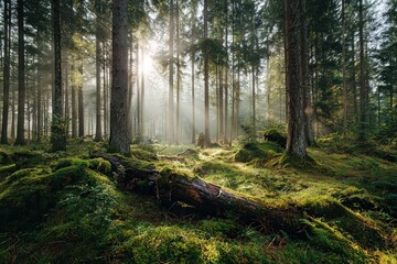 Obraz premium Sunlit Forest Landscape with Dense Green Moss and Tall Trees Radiating Warmth and Serenity in a Natural Outdoor Setting at Early Morning