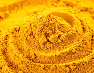 Close-up of bright yellow turmeric spice powder texture, seasoning background