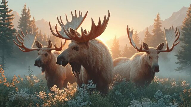A majestic scene featuring three moose standing together in a forested area at sunrise, surrounded by wildflowers and soft light. The image conveys the beauty of wildlife in its natural habitat, symbo