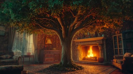 Igniting logs sending flickering flames across wood-paneled living room highlighting mature tree - Powered by Adobe