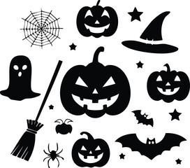 Flat icon set of Halloween silhouettes with pumpkin, bat, ghost, witch hat, spider, and broom