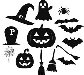 Flat icon set of Halloween silhouettes with pumpkin, bat, ghost, witch hat, spider, and broom