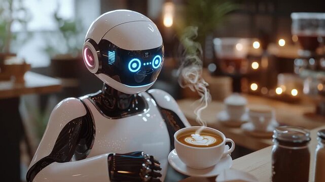 A humanoid robot sits at a caf&eacute; table, sipping a cup of coffee with steam rising from it. The robot's bright, glowing eyes reflect the cozy ambiance of the caf&eacute;, blending modern technology with the wa