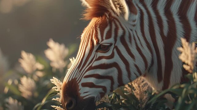 A close-up of a zebra grazing among lush greenery, with its striking black-and-white stripes standing out against the soft light of the environment. The image captures the beauty of wildlife, the intr