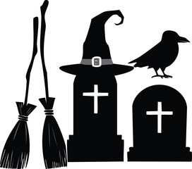 Halloween symbols silhouette set with witch hat, broom, crow, and tombstone
