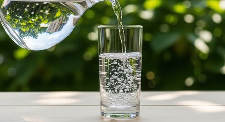 Clear water being poured from a glass pitcher into a tall glass creating bubbles isolated on white background