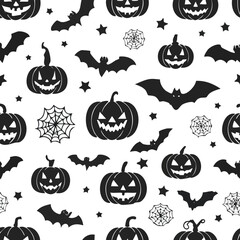 Seamless vector pattern of Halloween icons with pumpkin, bat, spider, and skull silhouettes