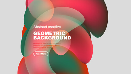 Abstract geometric background features overlapping colorful shapes. Text block includes sample lorem ipsum, plus button. Modern design.