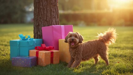 Noticing gift boxes, small fluffy dog sniffing air and wagging tail on grassy lawn - Powered by Adobe