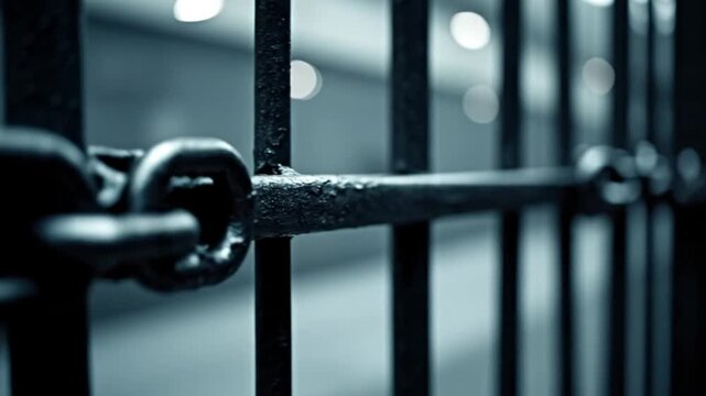 Close-up of old metal prison bars with a rusty chain, symbolizing confinement and security.