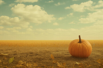 Orange Pumpkin in Autumn Field Under Cloudy Sky &ndash; Seasonal Harvest Landscape.