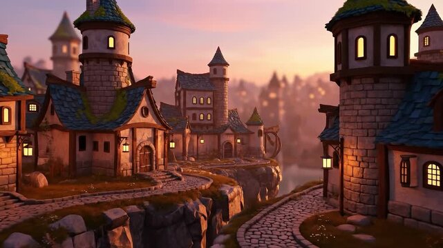 Whimsical Fantasy Village with Castle-Like Houses During Sunset in a Digital Animation