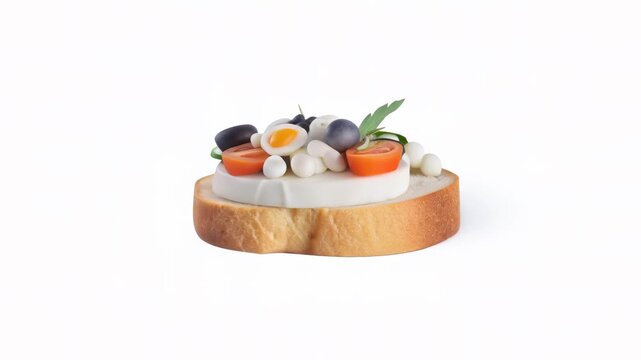 A slice of bread topped with various vegetables, including tomatoes and olives, presented in a minimalistic style.
