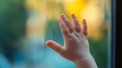 Child's hand on glass window
