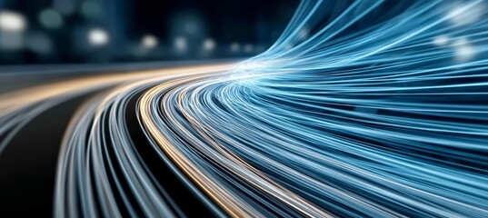 Naklejka na ściany i meble Dynamic Perspective of Curving Roadway with Digital Light Trails Illustrating Modern Connectivity Naklejka na ściany i meble Dynamic Perspective of Curving Roadway with Digital Light Trails Illustrating Modern Connectivity