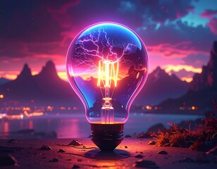 Lightbulb filled with lightning, set against a mountainous dusk