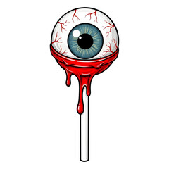 Creepy eyeball lollipop with blood drips isolated on black.