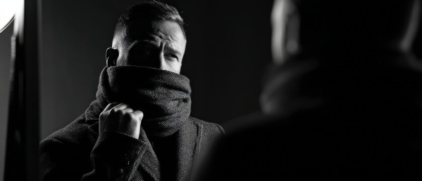 Dramatic black and white portrait of a serious adult man with scarf covering face, looking in mirror Concept of mystery, introspection, and anonymity - Powered by Adobe