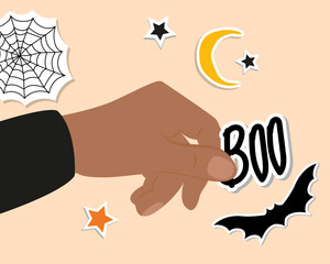 Halloween Halloween,&nbsp;Human hand holding&nbsp;Sticker&nbsp;Boo&nbsp;for halloween.&nbsp;Doodle cartoon style.&nbsp;Vector illustration.