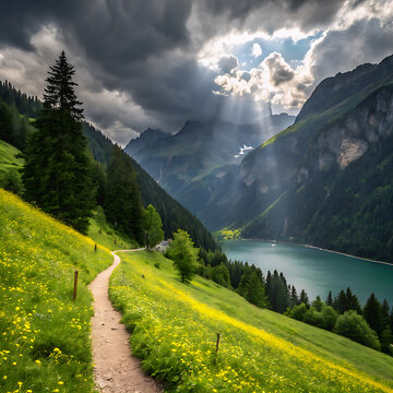 Green summer landscape with a winding mountain road through the Alps valley under a panoramic blue sky and clouds