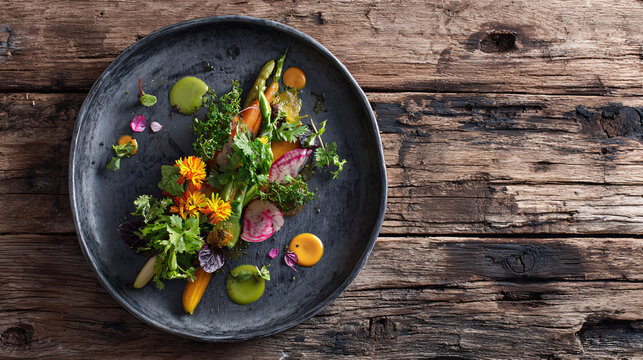 Artistically plated gourmet salad with fresh vegetables, herbs, and colorful sauces on a rustic wooden table. - Powered by Adobe