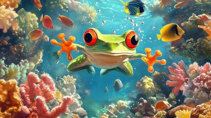 Cartoon frog snorkeling in ocean, coral reef background, colorful fish around